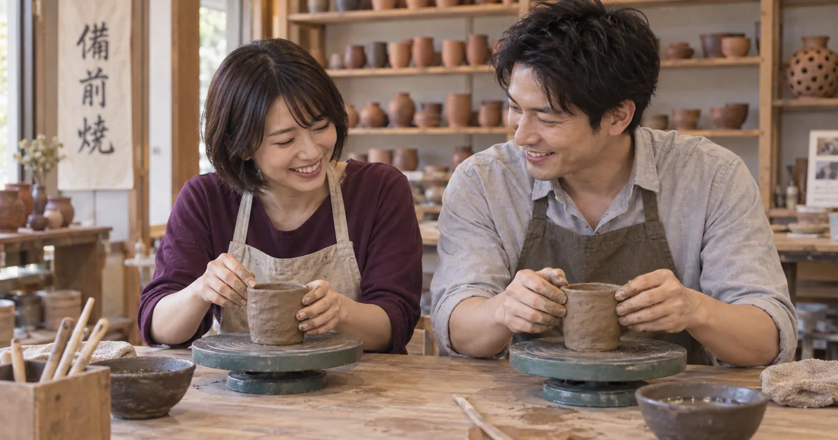 岡山城の備前焼工房で土ひねり体験を楽しむふたりのAIイメージ