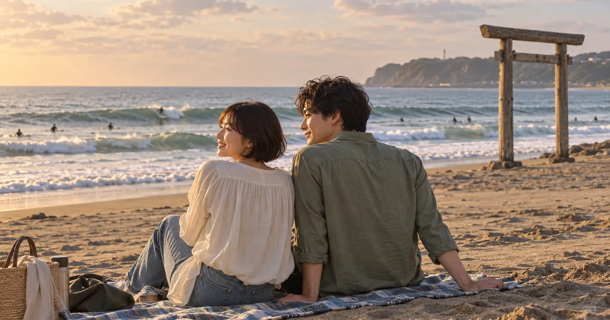 釣ヶ崎海岸でデートを楽しむふたりをイメージしたAI画像