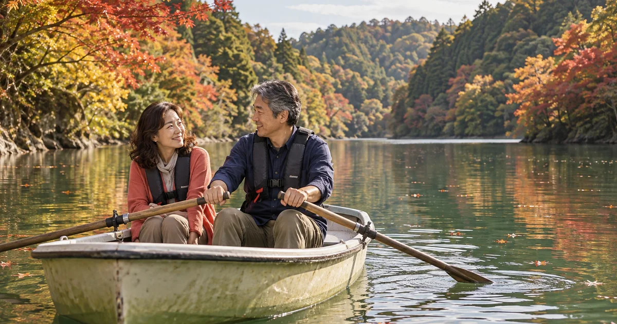 亀山湖でデートを楽しむふたりをイメージしたAI画像