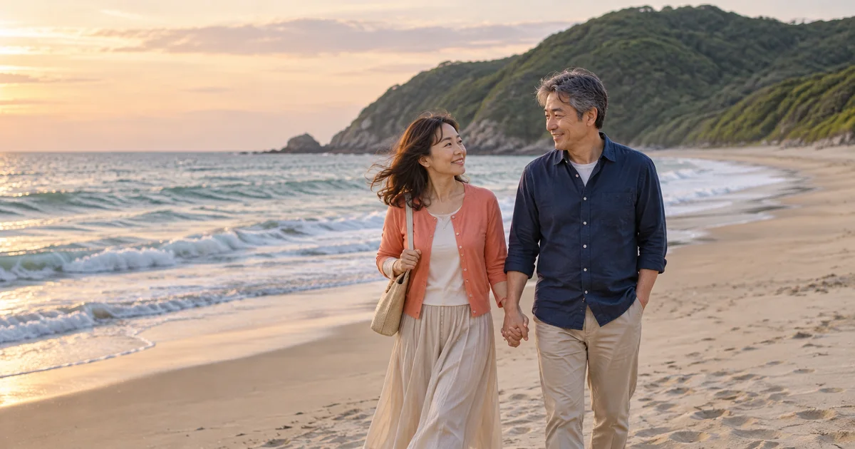 恋路ヶ浜でデートを楽しむふたりをイメージしたAI画像