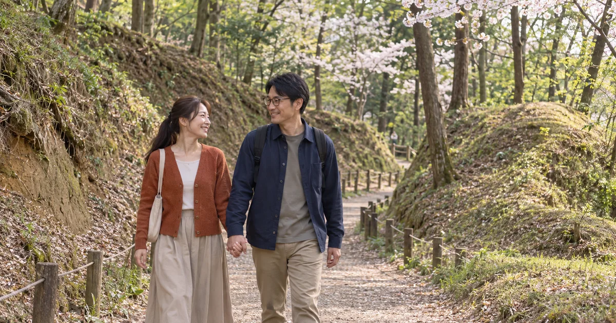 東京都八王子市の滝山公園を散策するふたりのAIイメージ
