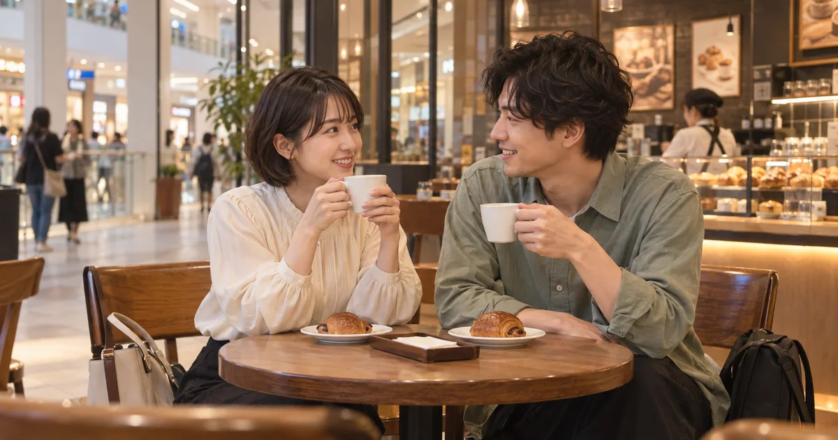 イオンモール津山インターのカフェで過ごすふたりのAIイメージ