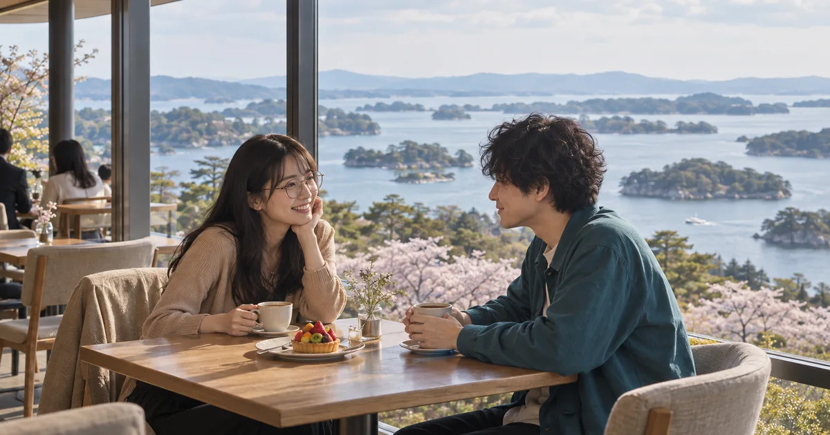 西行戻しの松公園でデートを楽しむふたりをイメージしたAI画像