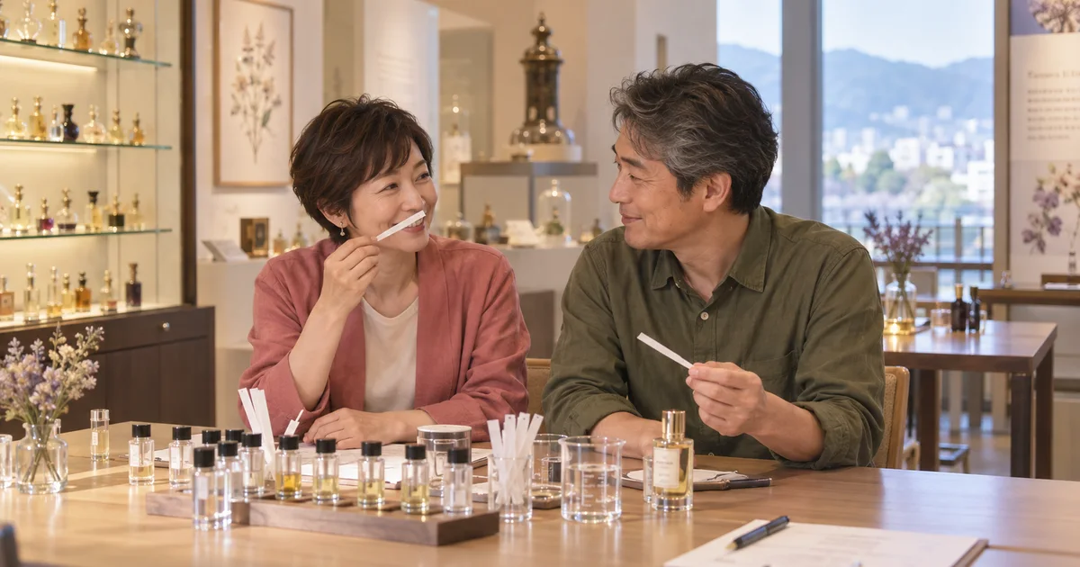 大分香りの博物館でデートを楽しむふたりをイメージしたAI画像