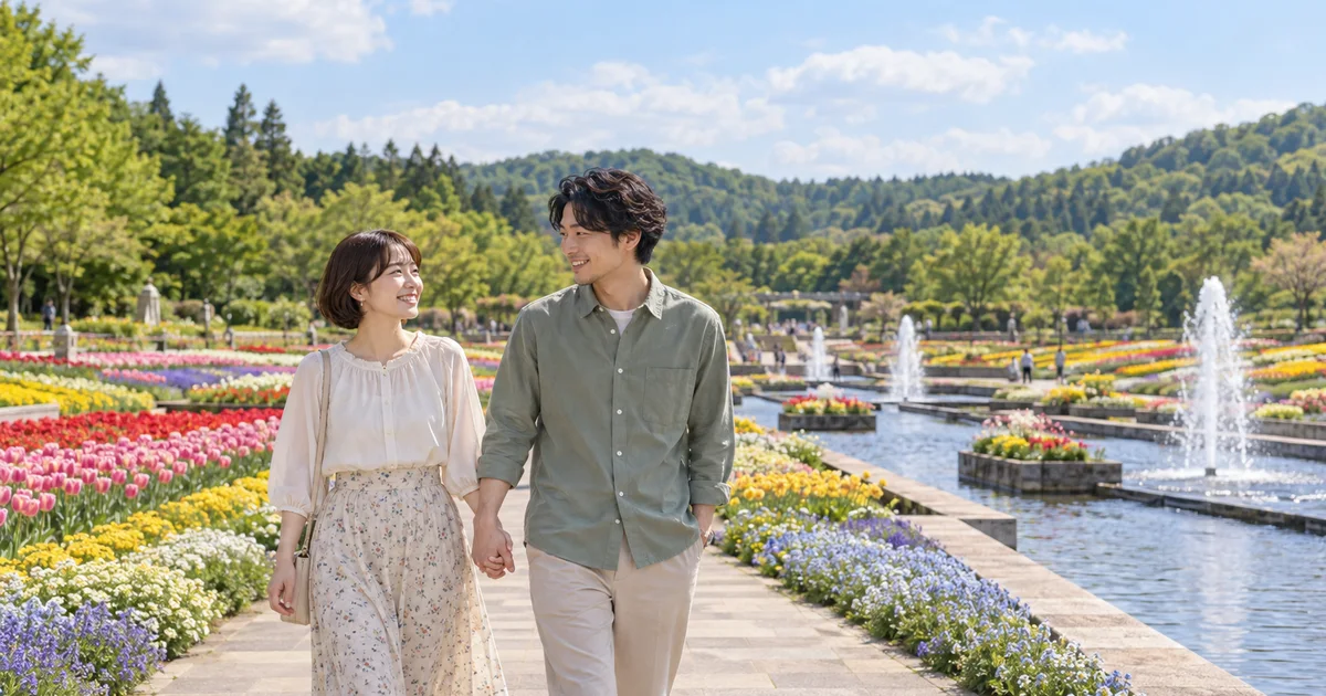 みちのく杜の湖畔公園の花壇を散策するふたりのAIイメージ