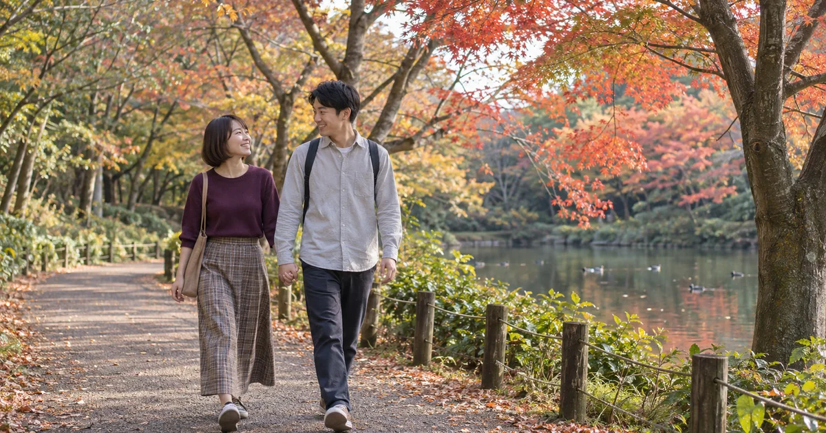 泉自然公園で散策するふたりのAIイメージ