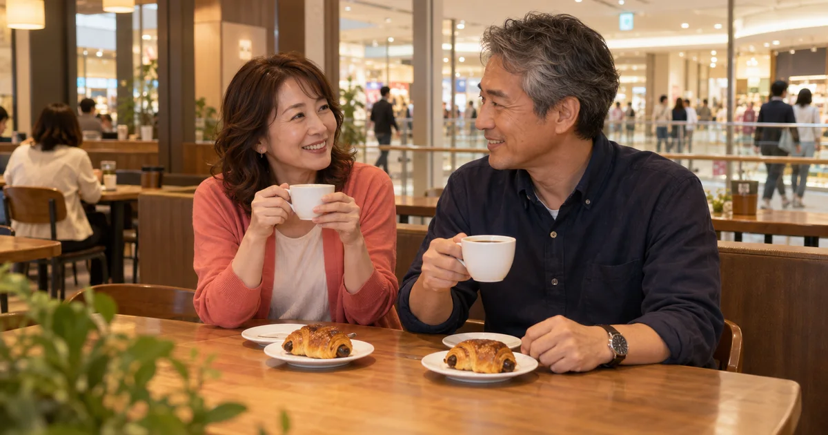 トキハわさだタウンでカフェを楽しむふたりのAIイメージ