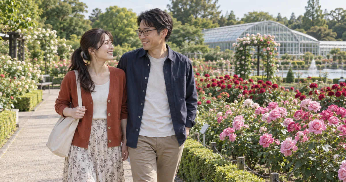 京都府立植物園でデートを楽しむふたりをイメージしたAI画像