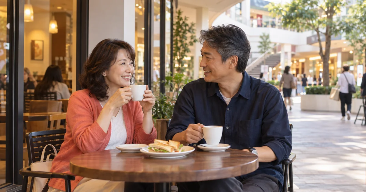 パークプレイス大分でカフェを楽しむふたりのAIイメージ