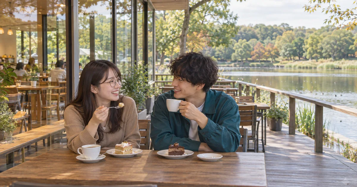 21世紀の森と広場で池を眺めながらカフェを楽しむふたりのAIイメージ
