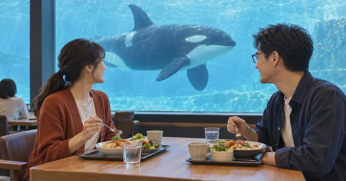 鴨川シーワールドでシャチを眺めながら食事するふたりのAIイメージ