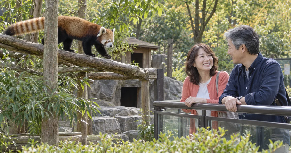 八木山動物公園でレッサーパンダを眺めるふたりのAIイメージ