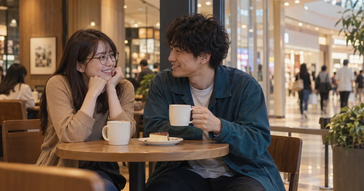 イオンモール三光でカフェを楽しむふたりのAIイメージ