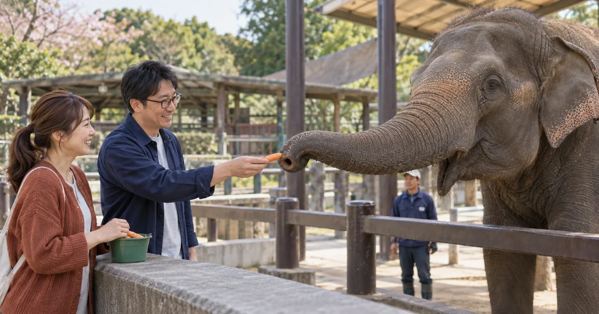 市原ぞうの国でぞうのおやつ体験を楽しむふたりのAIイメージ