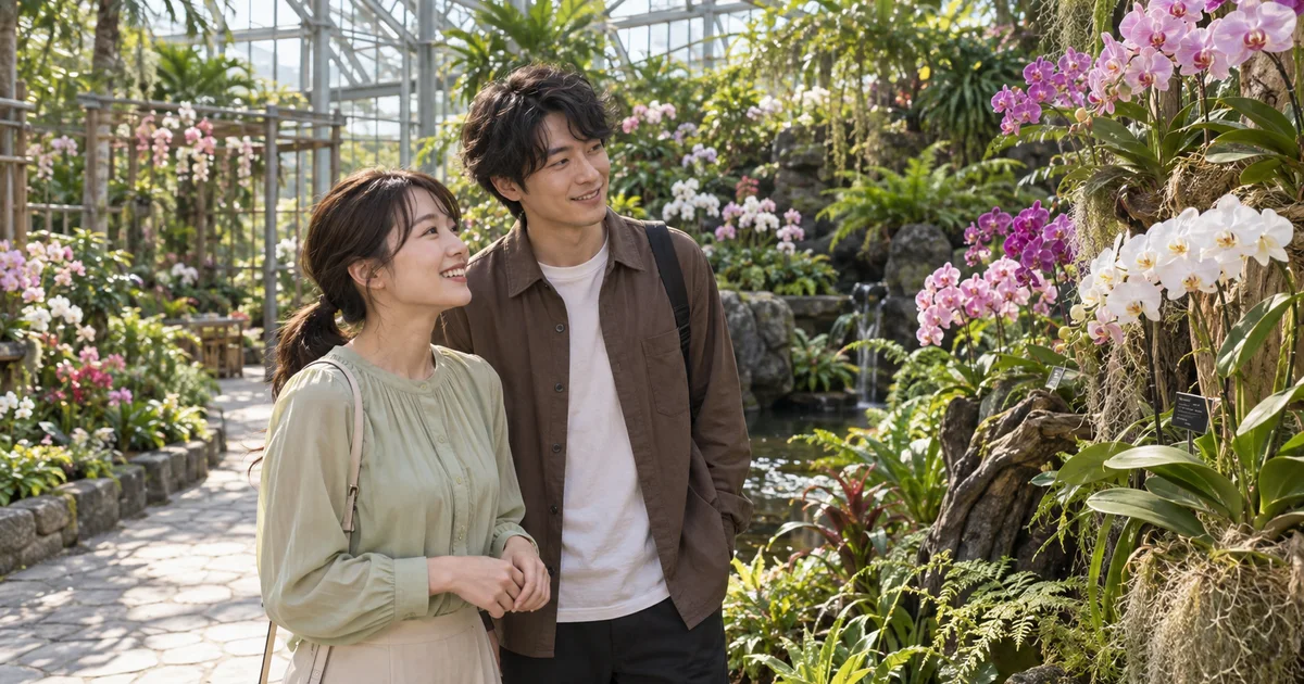 富山県中央植物園でデートを楽しむふたりをイメージしたAI画像