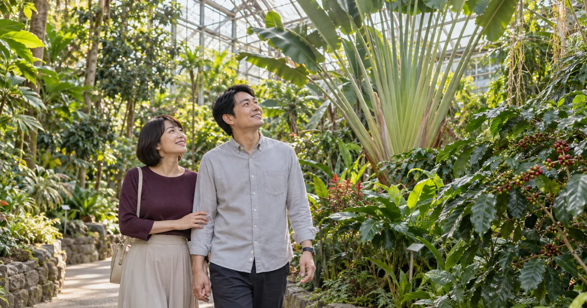 市川市動植物園の温室を散策するふたりのAIイメージ