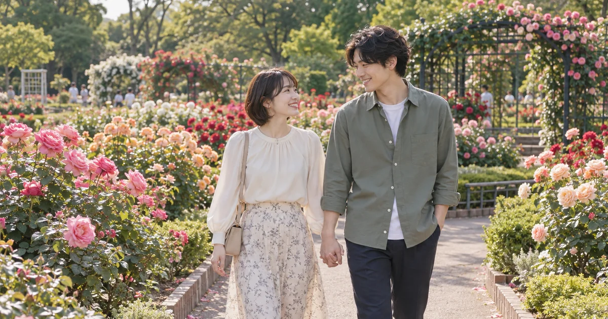 谷津バラ園で花を眺めながら歩くふたりのAIイメージ