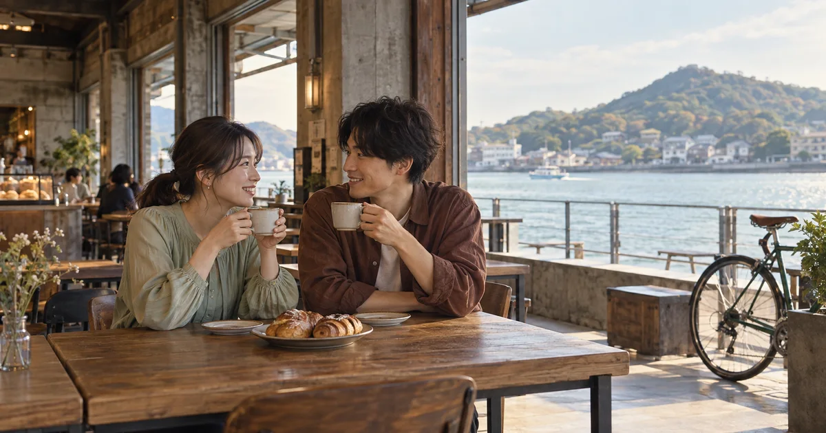 ONOMICHI U2で海を眺めながらカフェを楽しむふたりのAIイメージ