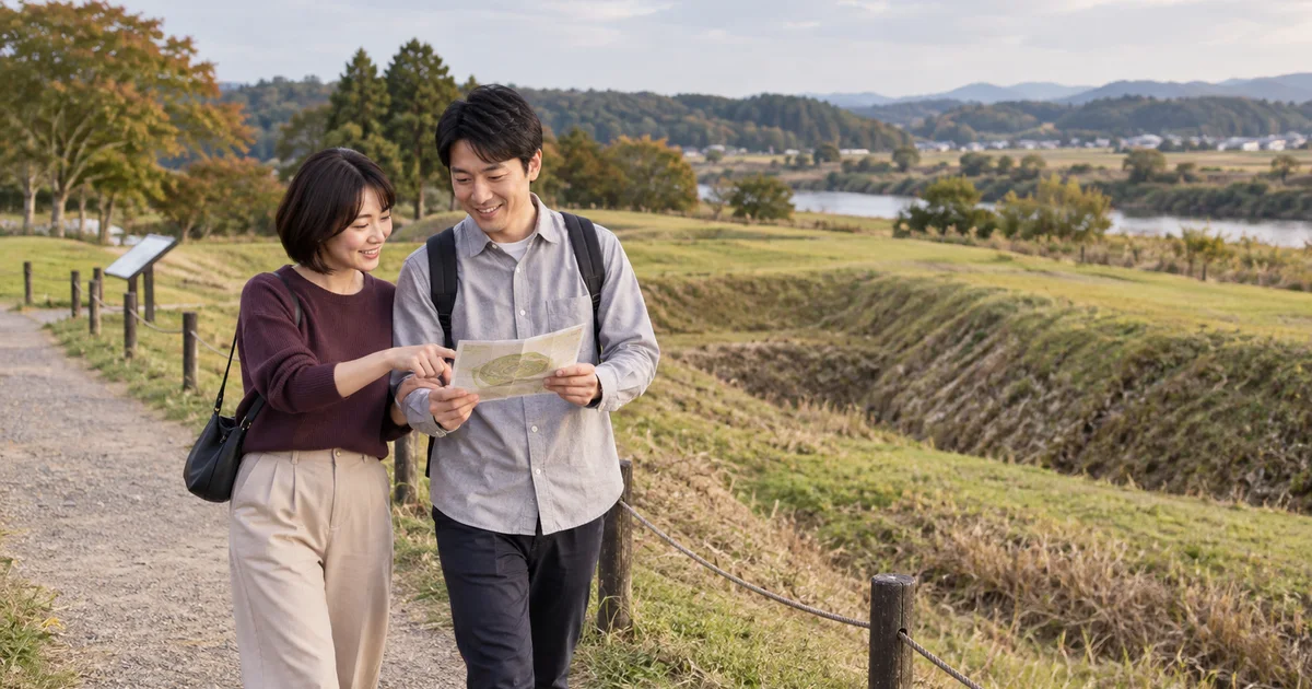 伊治城跡の土塁を眺めながら歴史散歩をするふたりのAIイメージ