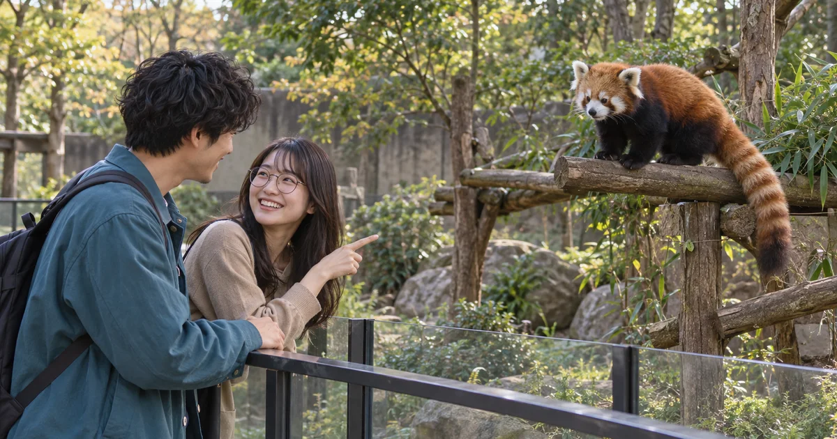 千葉市動物公園でレッサーパンダを見守るふたりのAIイメージ