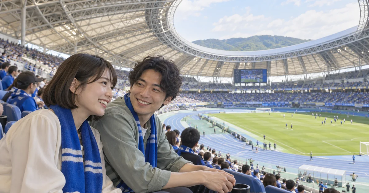 クラサスドーム大分でサッカー観戦を楽しむふたりのAIイメージ