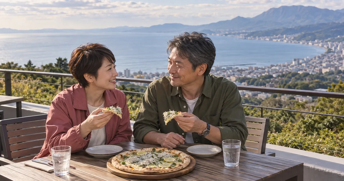 別府湾サービスエリアで湾を眺めながら食事するふたりのAIイメージ