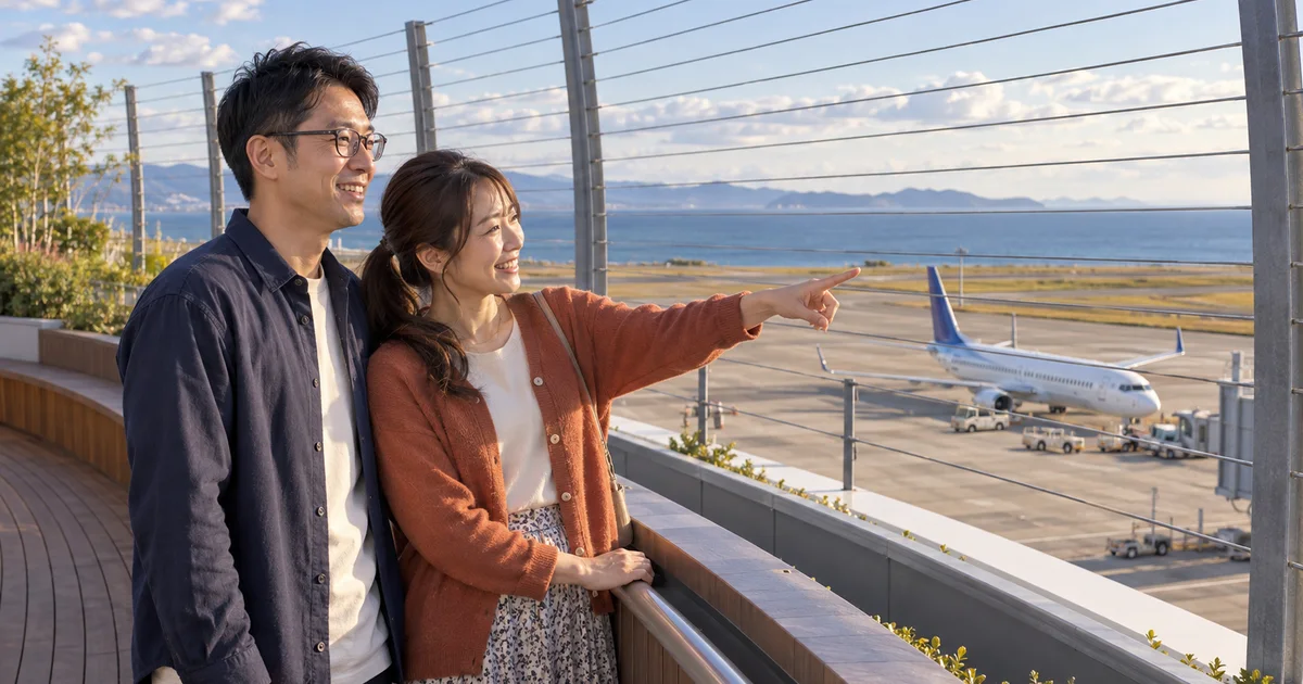 大分空港の展望デッキで飛行機を眺めるふたりのAIイメージ