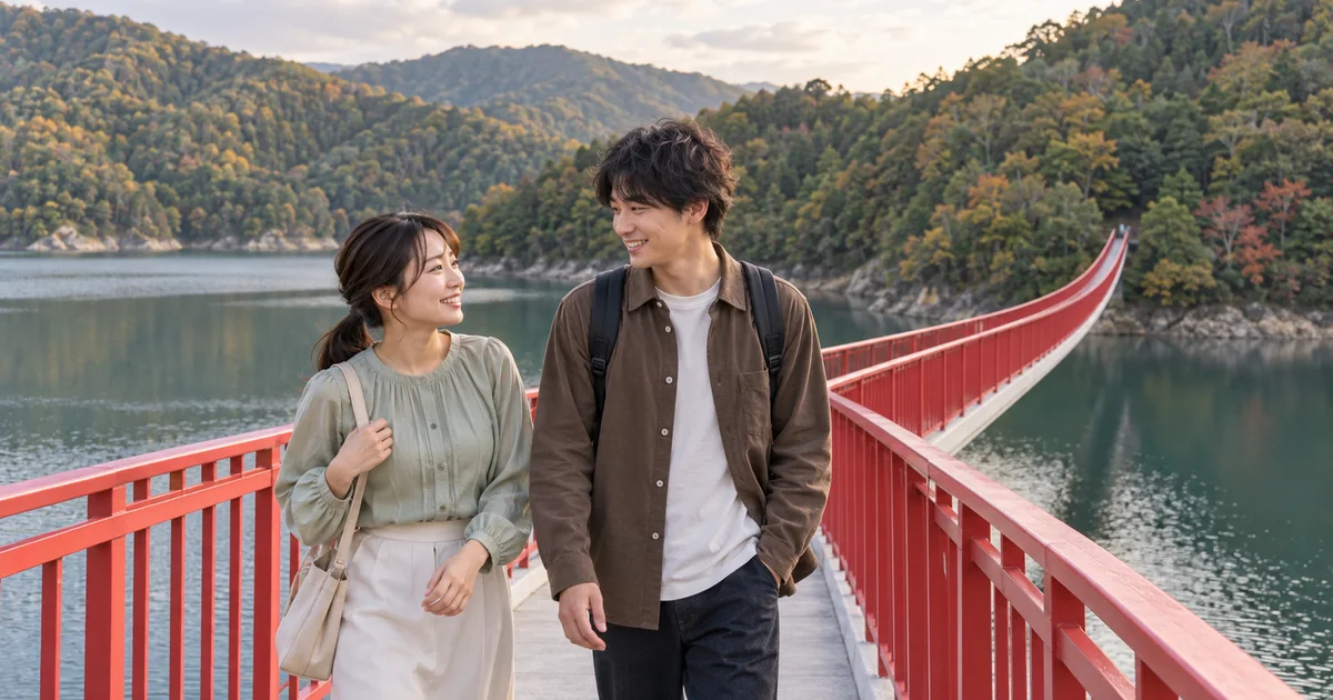 夢吊橋の赤い欄干に沿って歩くふたりのAIイメージ