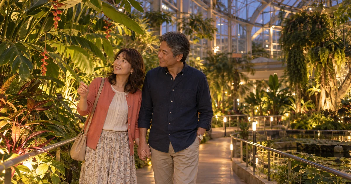 BOTANICA MUSEUMの温室を楽しむふたりのAIイメージ