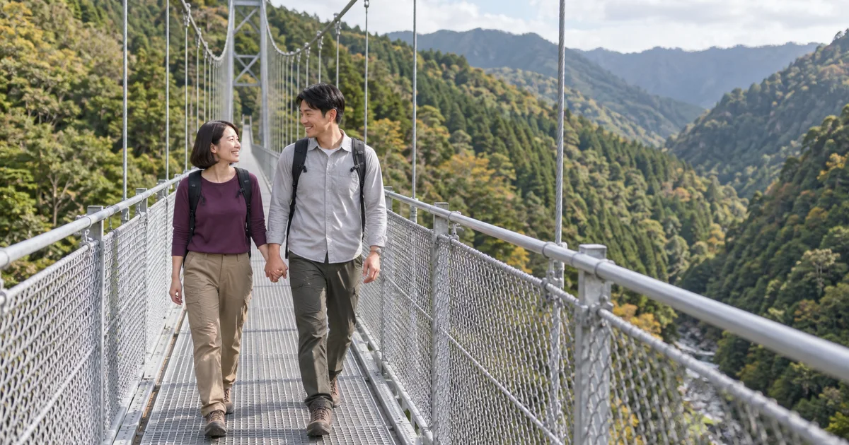 綾の照葉大吊橋を一緒に歩くふたりのAIイメージ