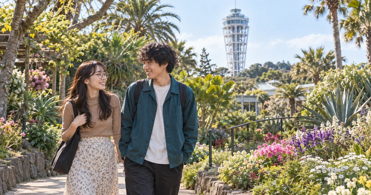 江の島サムエル・コッキング苑でデートを楽しむふたりをイメージしたAI画像