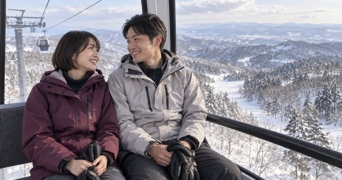 みやぎ蔵王えぼしスキー場でデートを楽しむふたりをイメージしたAI画像