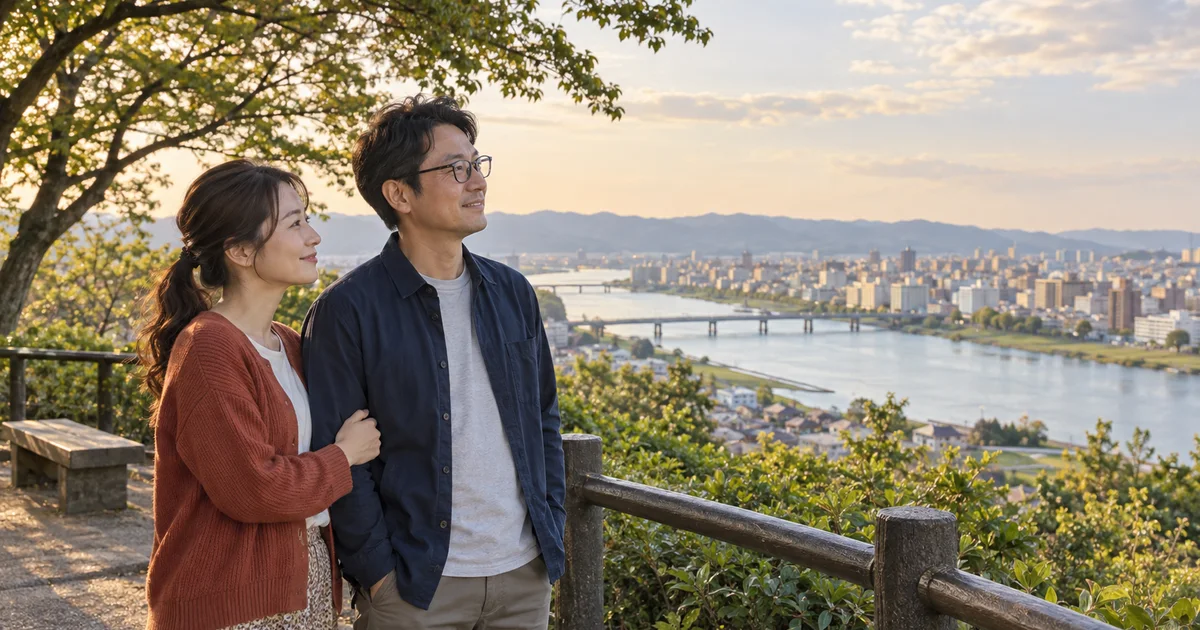 天神山公園でデートを楽しむふたりをイメージしたAI画像