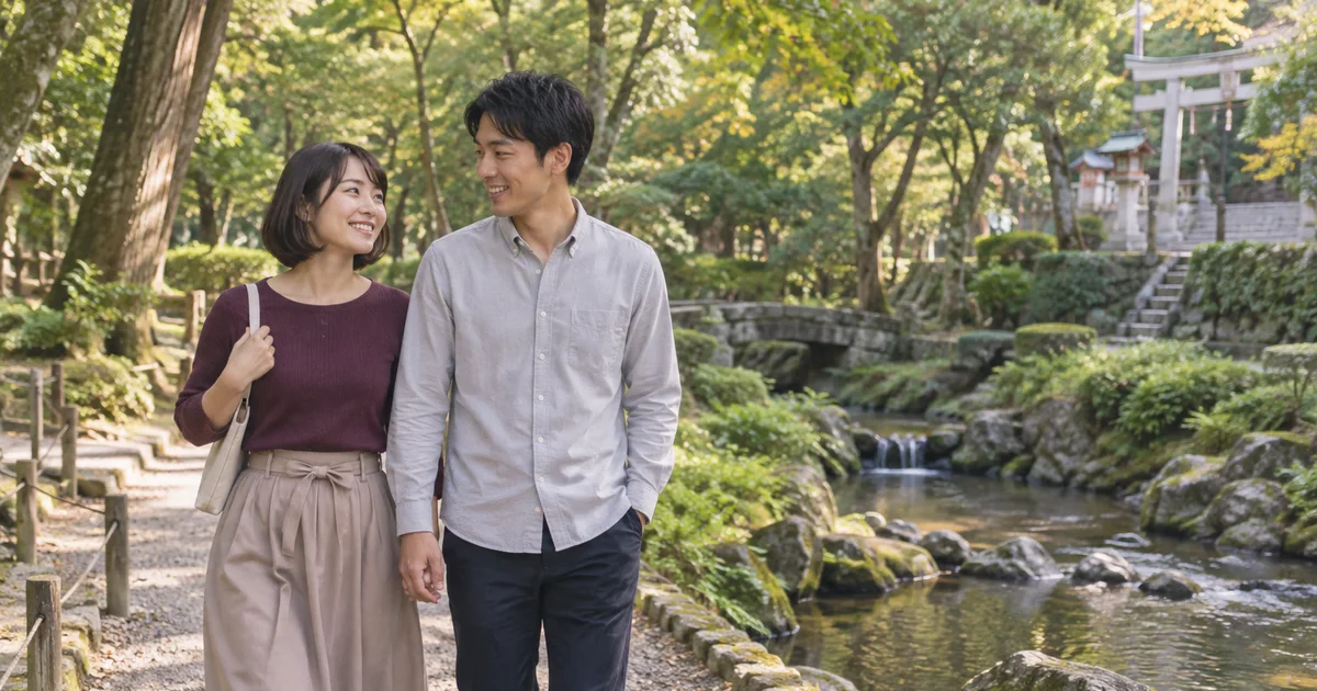 神柱公園でデートを楽しむふたりをイメージしたAI画像