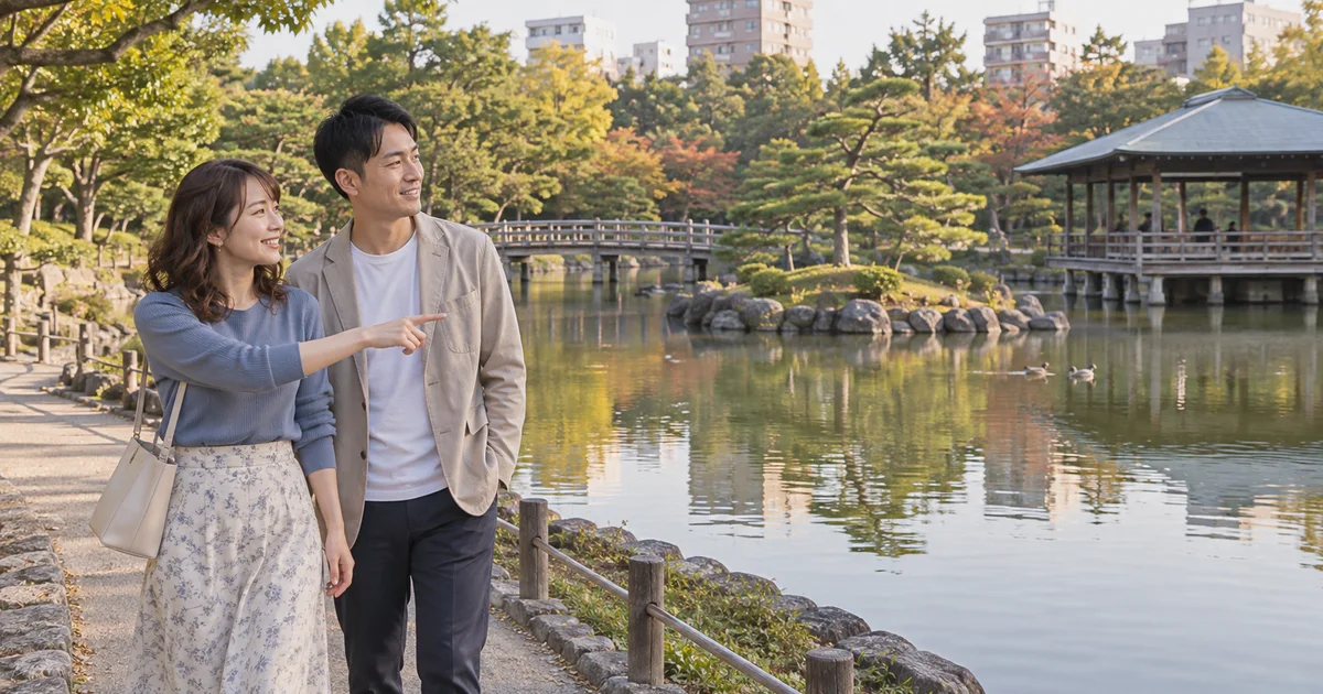 志賀公園でデートを楽しむふたりをイメージしたAI画像
