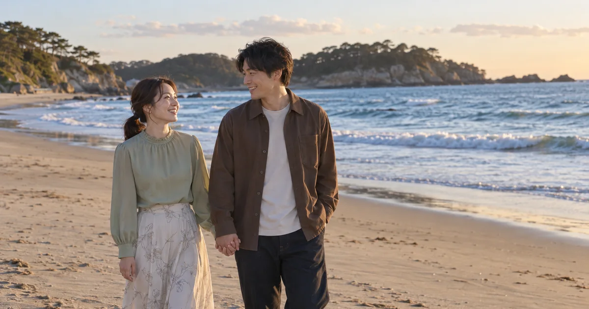 菖蒲田海水浴場でデートを楽しむふたりをイメージしたAI画像