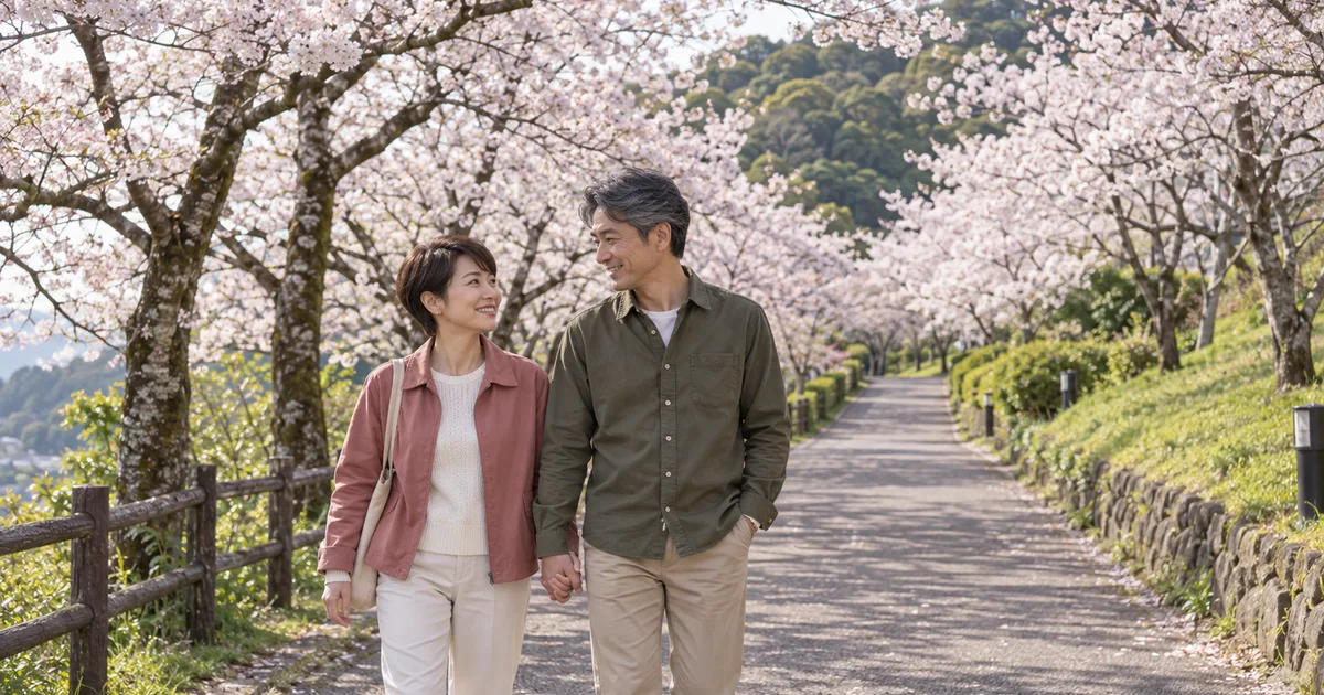母智丘公園でデートを楽しむふたりをイメージしたAI画像