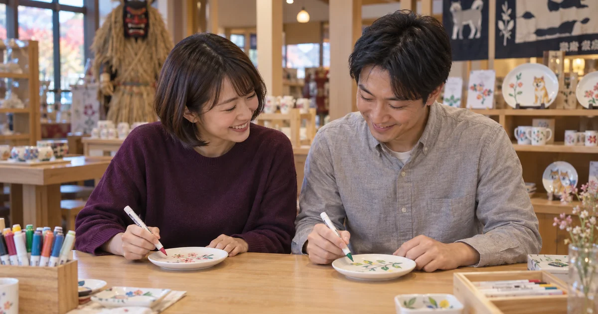 秋田ふるさと村でデートを楽しむふたりをイメージしたAI画像