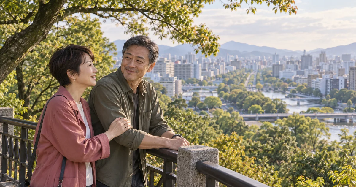 比治山公園でデートを楽しむふたりをイメージしたAI画像