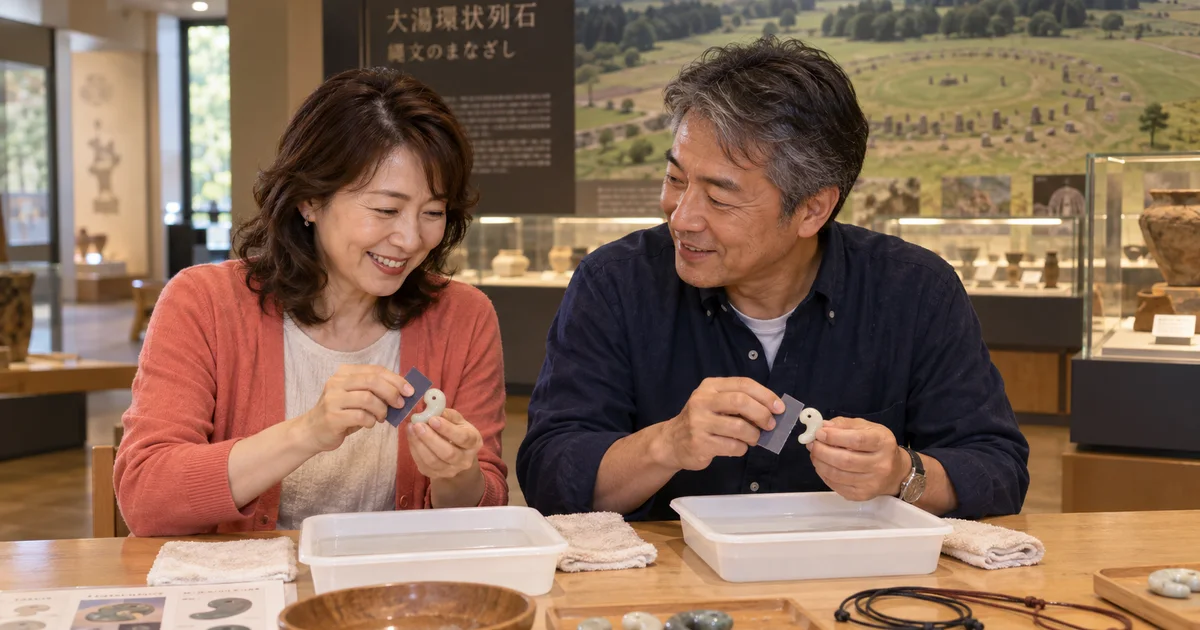 大湯環状列石でデートを楽しむふたりをイメージしたAI画像