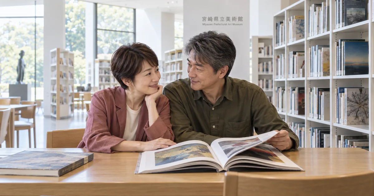 宮崎県立美術館でデートを楽しむふたりをイメージしたAI画像