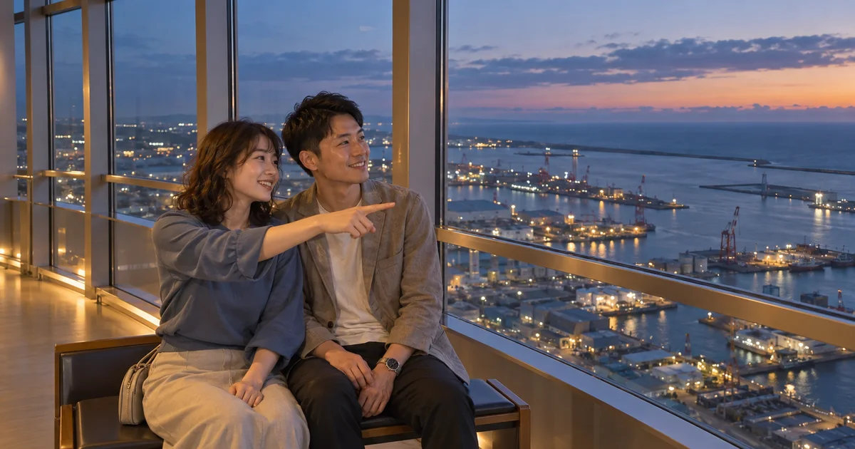 ポートタワーセリオンでデートを楽しむふたりをイメージしたAI画像