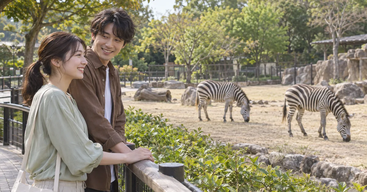 広島市安佐動物公園でデートを楽しむふたりをイメージしたAI画像
