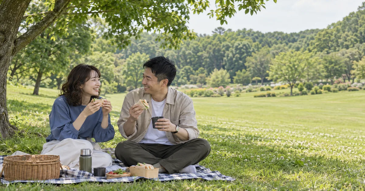 愛知県森林公園でデートを楽しむふたりをイメージしたAI画像