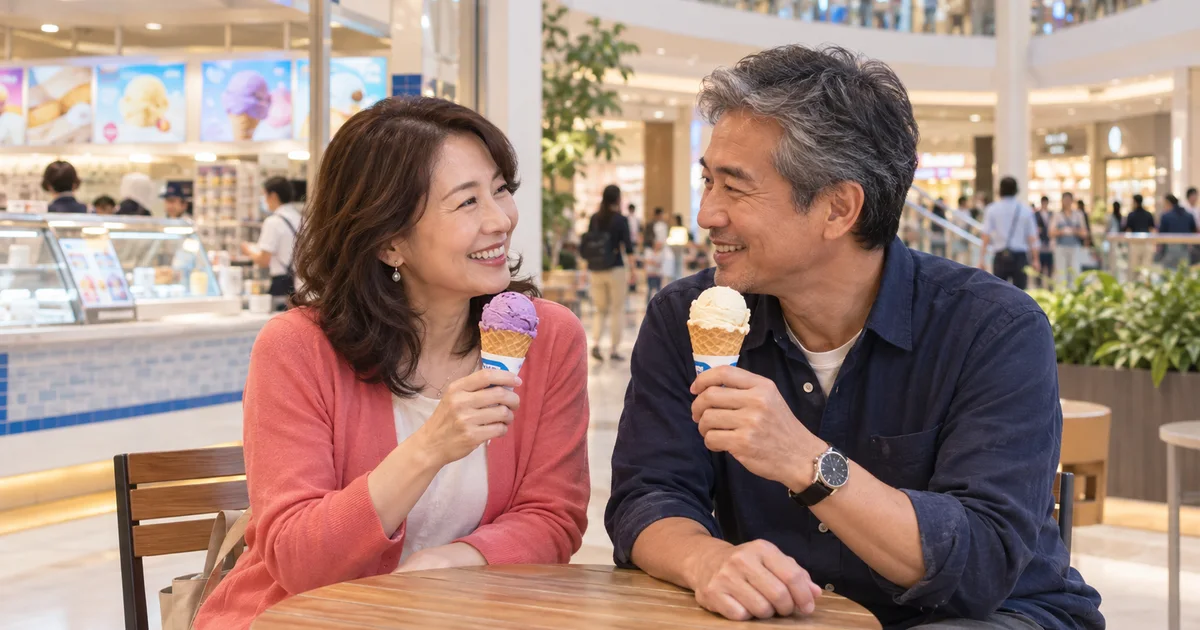 イオンモール幕張新都心でデートを楽しむふたりをイメージしたAI画像