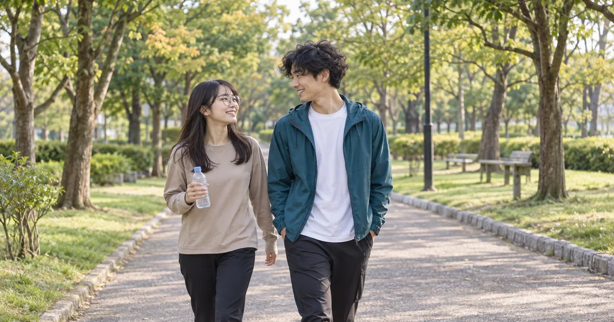 朝宮公園の園路を一緒に歩くふたりのAIイメージ