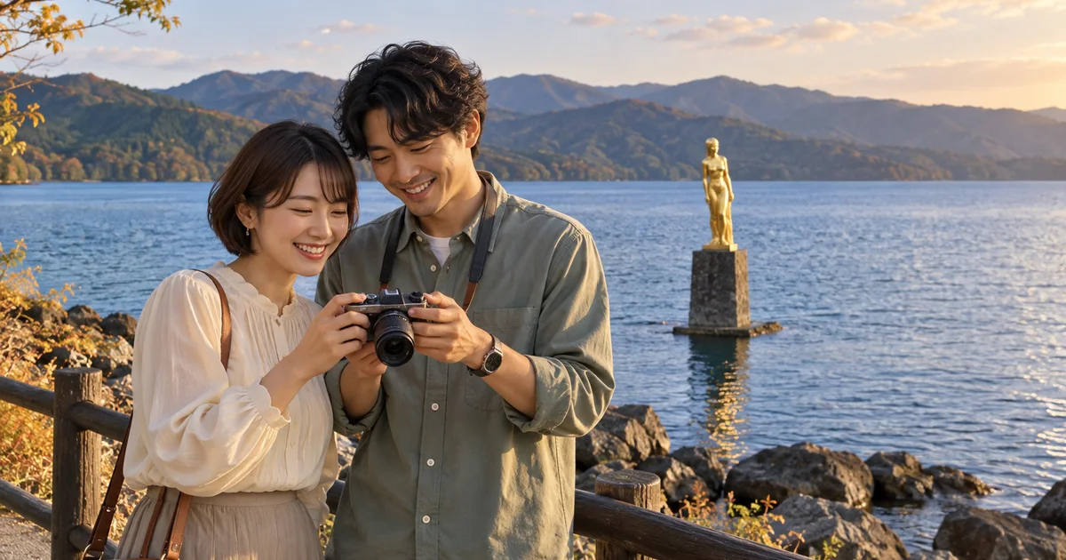 田沢湖でデートを楽しむふたりをイメージしたAI画像