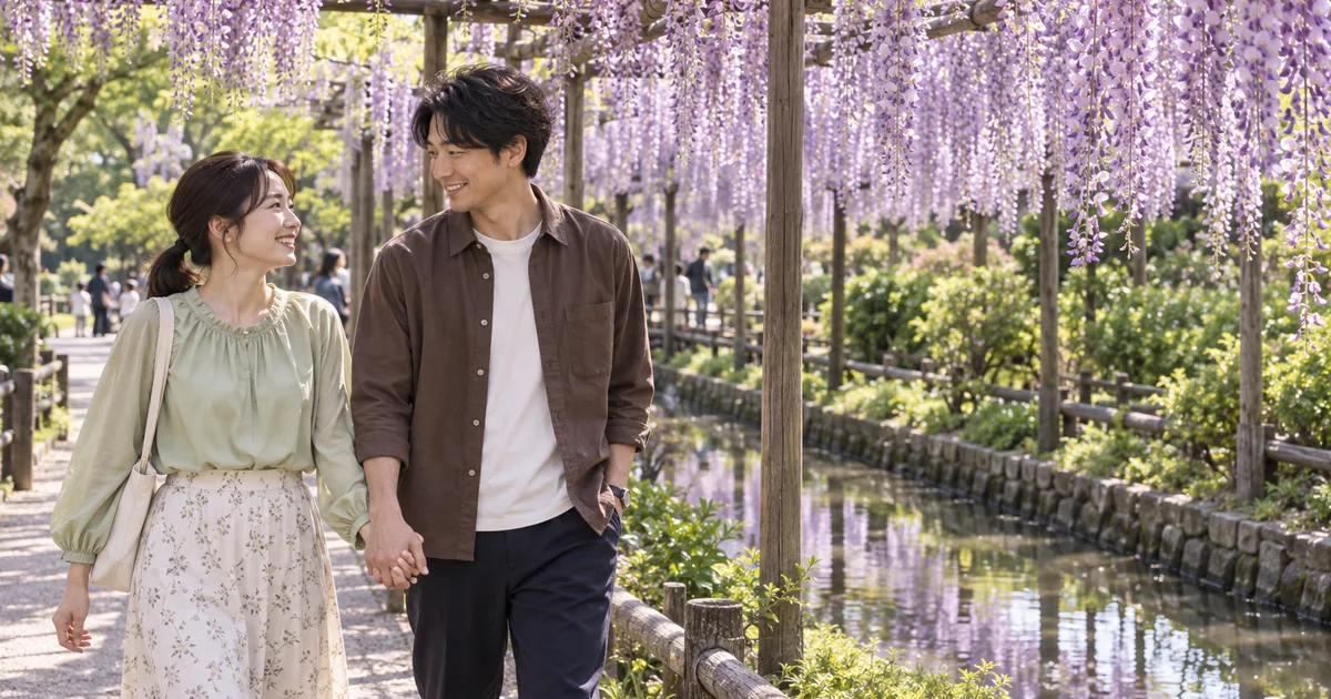 天王川公園の藤が咲く季節に散歩するふたりのAIイメージ