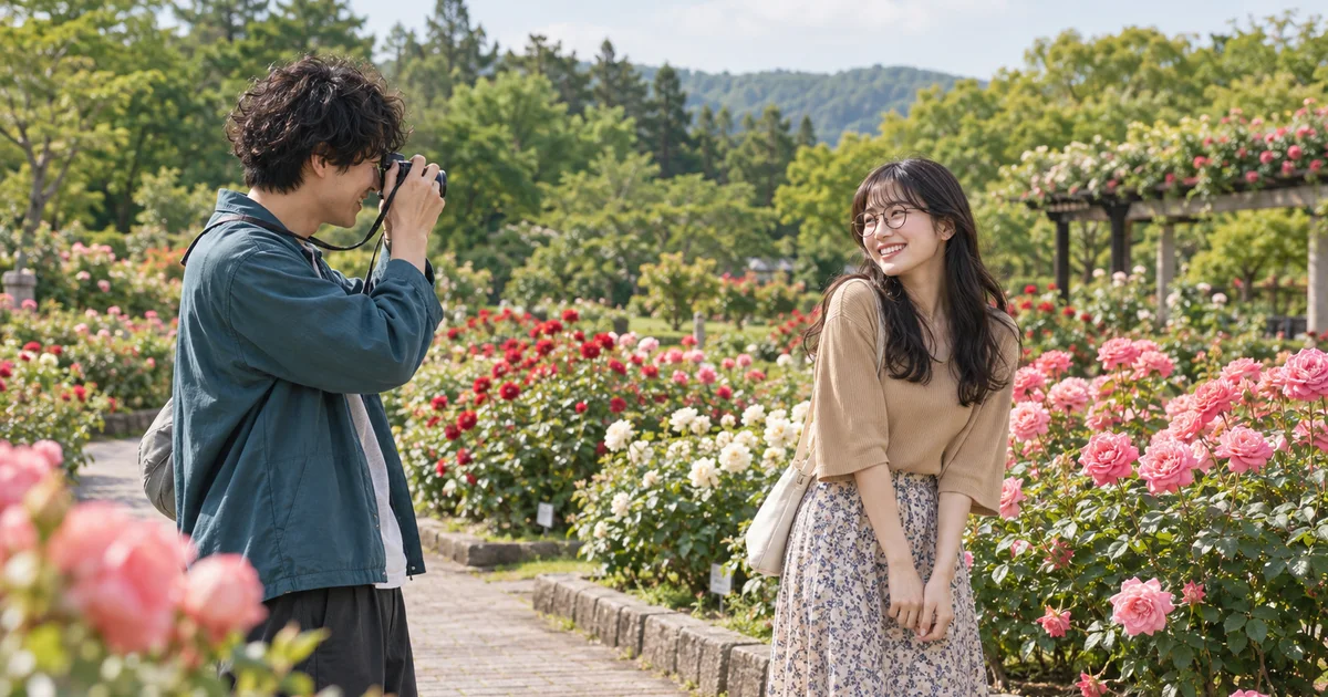 日本国花苑でデートを楽しむふたりをイメージしたAI画像