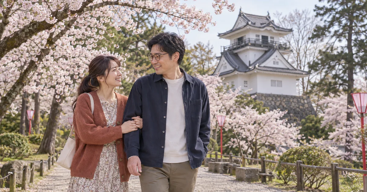 横手公園でデートを楽しむふたりをイメージしたAI画像